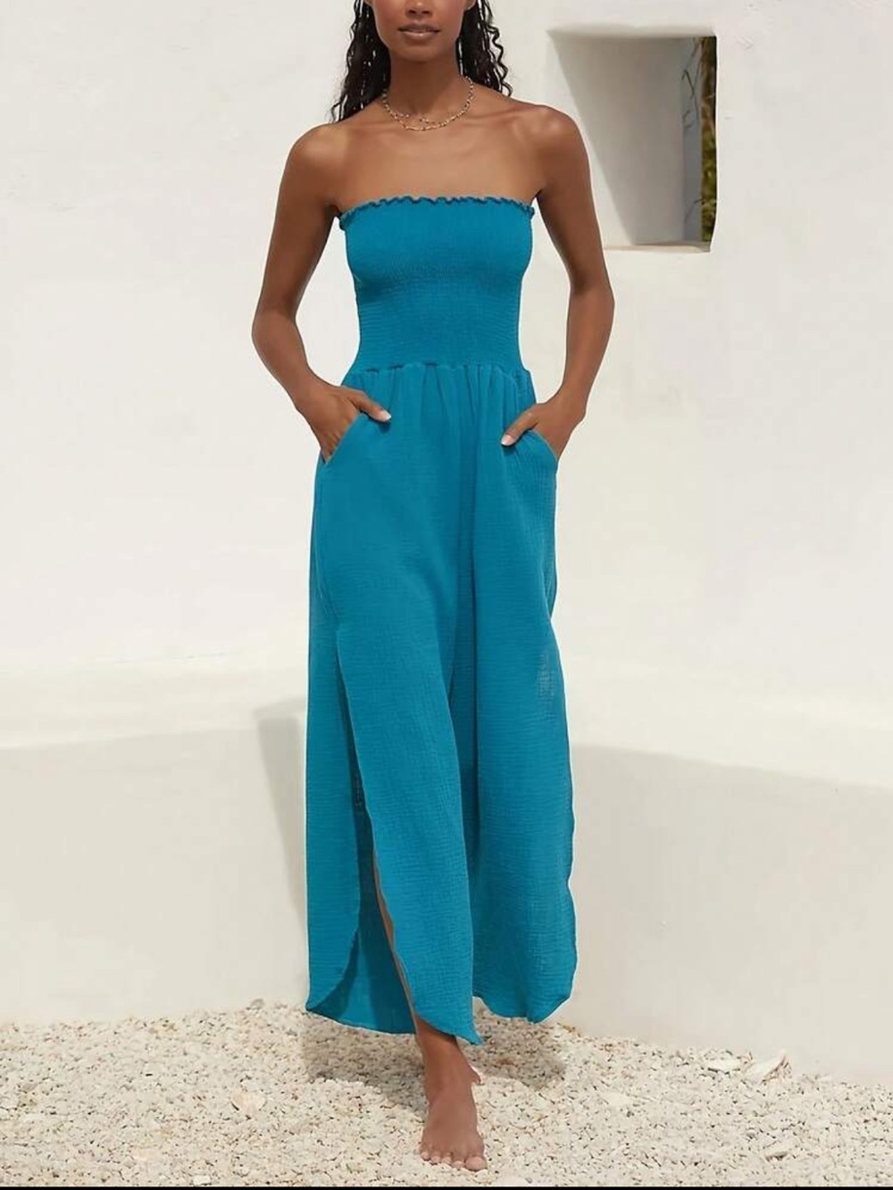Strapless Wide-Leg Jumpsuit with Pockets